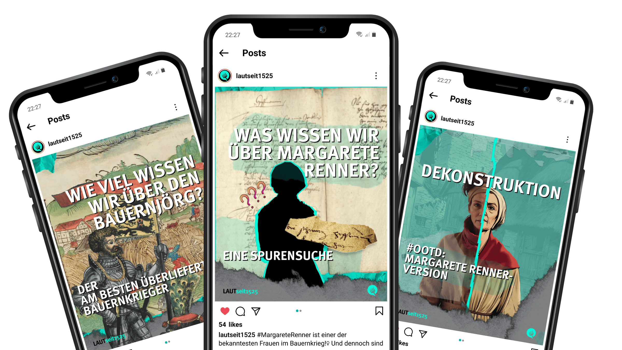 Drei Handybildschirme, die verschiedene Posts des Kanals @lautseit1525 auf Instagram zeigen.