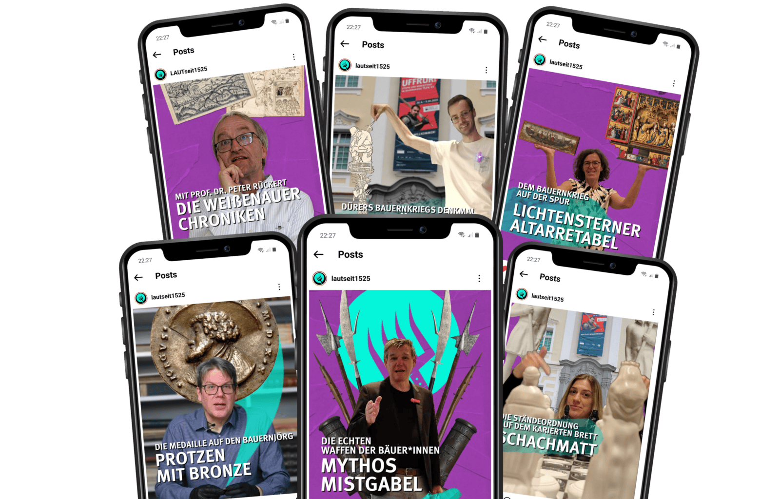 Sechs Handbildschirme, die verschiedene Posts des Kanals @lautseit1525 auf Instagram zeigen.