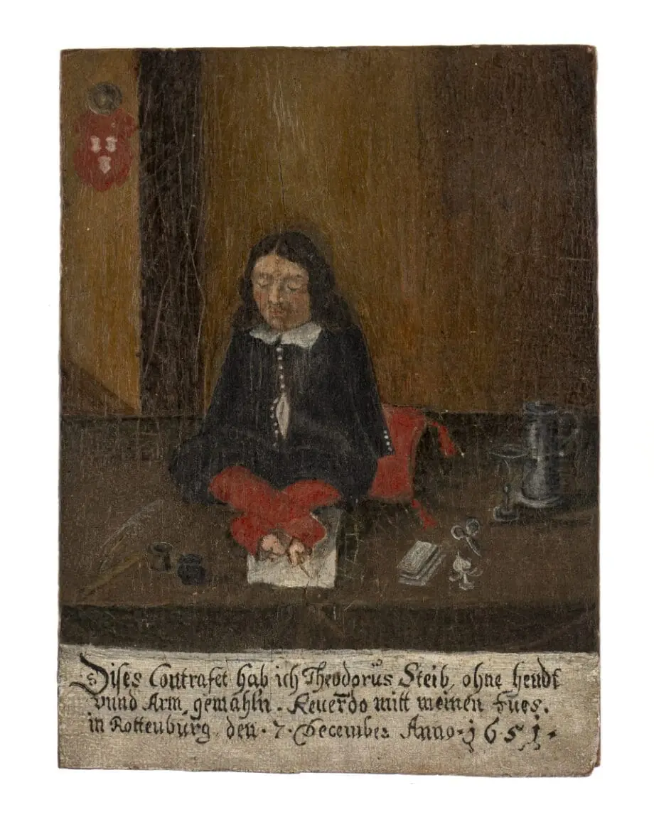 Ein kleines, farbiges Portrait: Darauf ein Fußmaler mit Utensilien.