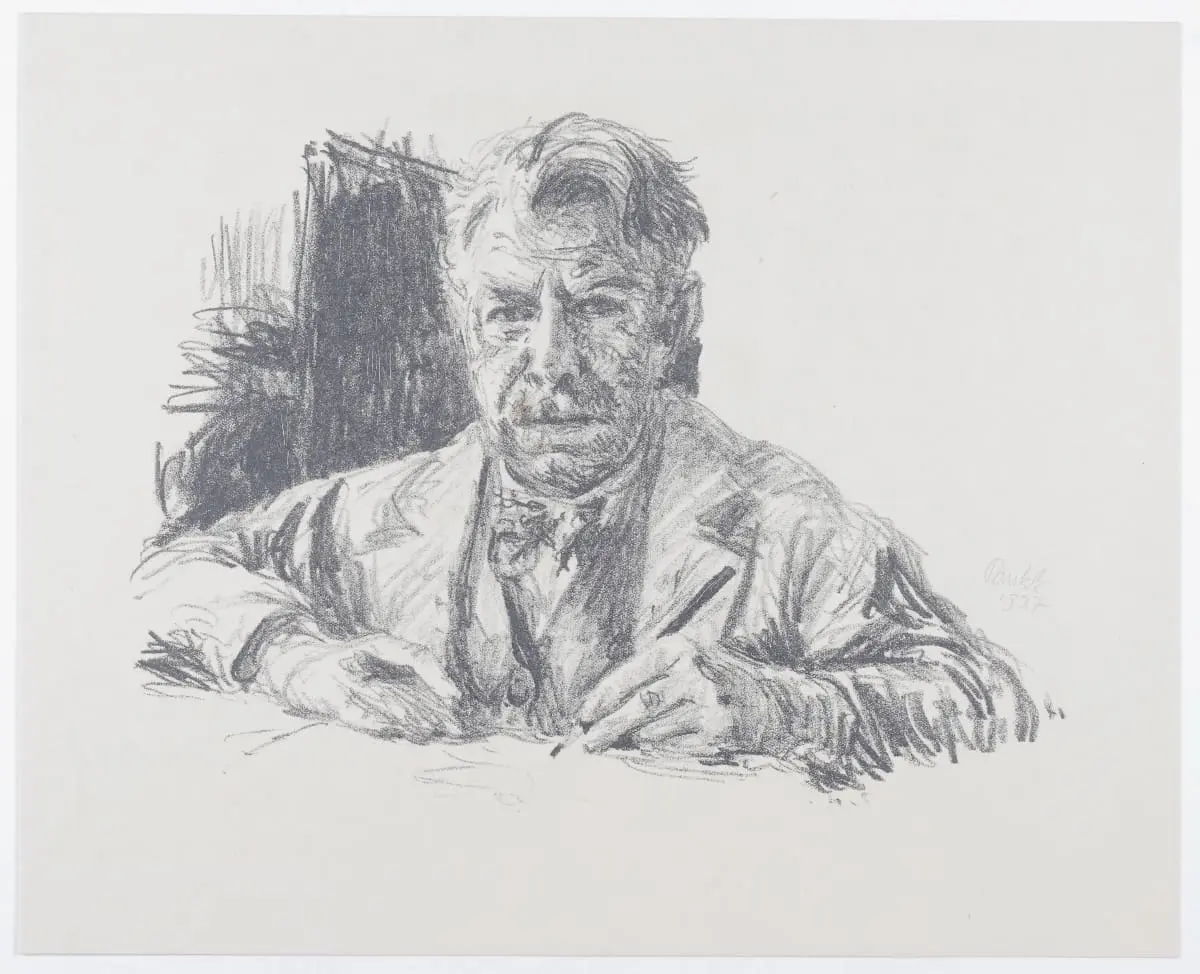 Brustbild Bernhard Pankoks, der einen Zeichenstift in der Hand hält