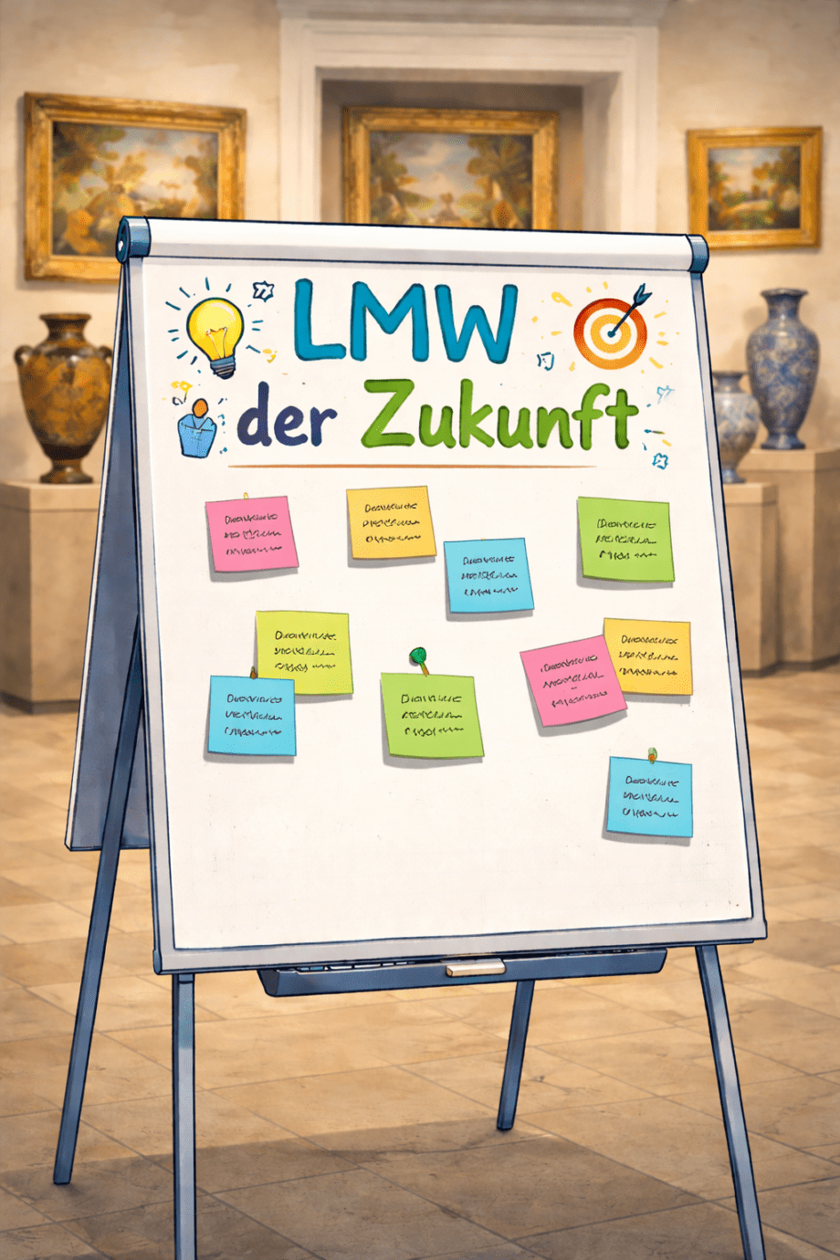 Ein Flipchart mit der Aufschrift "LMW der Zukunft" und bunten Klebezetteln.
