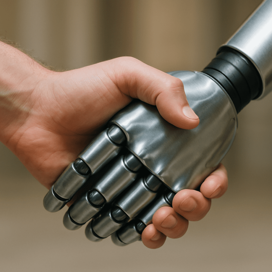 Eine menschliche Hand schüttelt eine Roboter-Hand